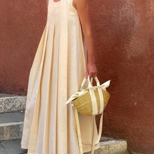 Daily Casual Plain Loose Crew Neck Pleated Dress, Maxi Dresses, color:Off White|size:XL, Stylewe