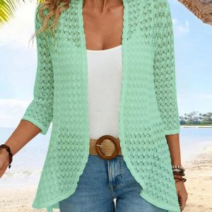 Women's 3/4 Sleeve Plain Jacquard Vacation Loose Cardigan / Kimono, JustFashionNow Cardigans, color:Green|size:XXL,