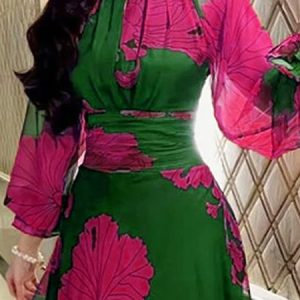 Elegant Lotus Leaf Collar Ruffle Chiffon Floral Blouse, Blouses and Shirts, color:Green|size:XXL, Stylewe