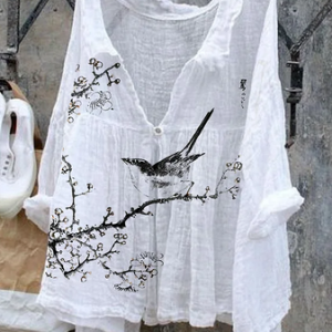 V Neck Bird Loose Casual Linen Style Blouse, Blouses & Shirts, Roselinlin - Online Catalog