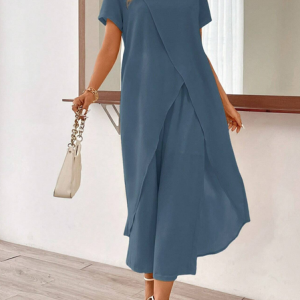 Women's Cross Plain Daily Going Out Two Piece Set Short Sleeve Casual Summer Top With Pants Matching Set, JustFashionNow Suit Set, color:Blue|size:XXL,
