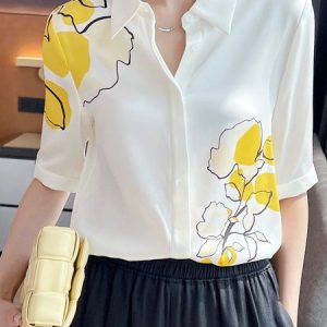 Shirt Collar Regular Fit Floral Urban Blouse, Blouses and Shirts, color:White|size:XXL, Stylewe