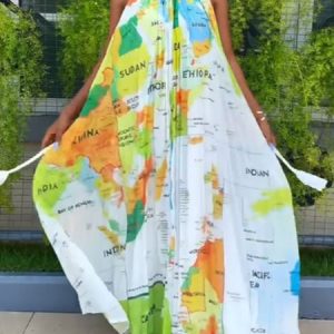 Vacation Halter Map Print Loose Dress With Belt, Maxi Dresses, color:White|size:XXL, Stylewe