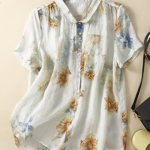 Casual Shirt Collar Floral Loose Linen Style Blouse, Blouses & Shirts, Roselinlin - Online Catalog