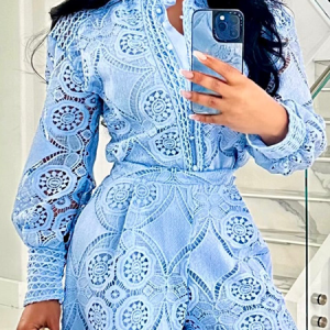 Regular Fit Plain Stand Collar Long Sleeve Urban Lace Blouse, Blouses and Shirts, color:Blue|size:XXL, Stylewe