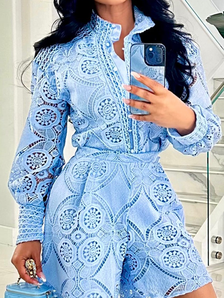 Regular Fit Plain Stand Collar Long Sleeve Urban Lace Blouse, Blouses and Shirts, color:Blue|size:XXL, Stylewe