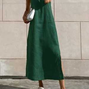 Daily Plain Casual Loose Sleeveless Dress, Midi Dresses, color:Green|size:L, Stylewe