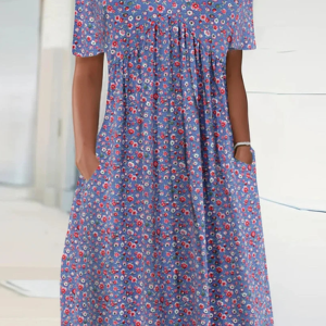 Women Casual Floral Summer Crew Neck Loose Pockets Short Sleeve Dress, Midi Dresses, Roselinlin - Online Catalog