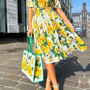 Regular Fit Elegant Short Sleeve Shirt Dress With Belt, Midi Dresses, color:Yellow|size:XXL, Stylewe