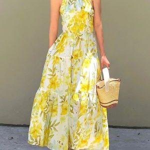 Vacation Halter Loose Pockets Floral Dress, Maxi Dresses, color:Yellow|size:XL, Stylewe