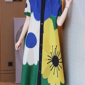 Loose Vacation Floral Shirt Collar Dress, Midi Dresses, color:As Picture|size:XXL, Stylewe