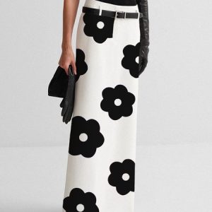 Floral Urban Regular Fit Maxi Skirt With No Belt, Skirts, color:Black-white|size:XXL, Stylewe