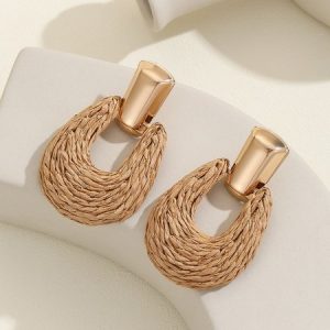 Hollow Out Handmade Raffia Braided Circular Earrings, Earrings, color:Khaki|size:One-size, Stylewe