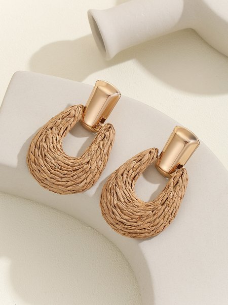 Hollow Out Handmade Raffia Braided Circular Earrings, Earrings, color:Khaki|size:One-size, Stylewe
