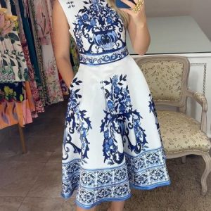 Urban Random Print Regular Fit Sleeveless Midi Dress, Midi Dresses, color:Blue|size:XXL, Stylewe