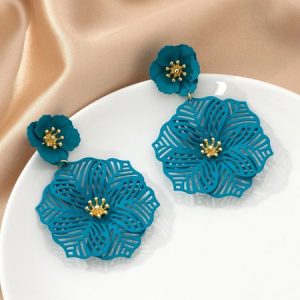 Fashionable Metallic Hollow Out Flower Petals Dangle Earrings, Earrings, color:Blue|size:One-size, Stylewe