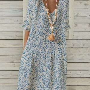Polyester Cotton V Neck Pastoral Short Sleeve Women Dress, Midi Dresses, Roselinlin - Online Catalog