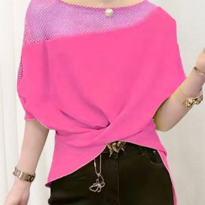 Casual Crew Neck Loose Irregular Hollow Front Twist Shirt, Blouses and Shirts, color:Rose Red|size:XXL, Stylewe