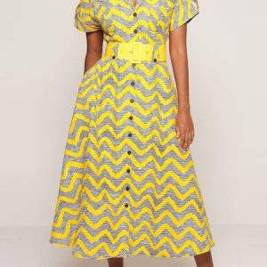 Urban Regular Fit Striped Printing Dress With Belt, Maxi Dresses, color:As Picture|size:XXL, Stylewe