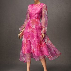 Regular Fit Floral Elegant Crew Neck Midi Dress, Midi Dresses, color:Green|size:XXL, Stylewe
