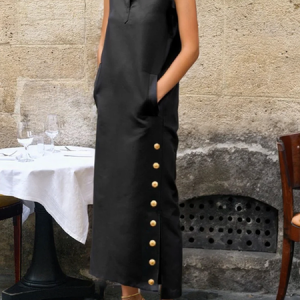 Stand Collar Sleeveless Plain Urban Loose Maxi Dress, Maxi Dresses, color:Black|size:XXL, Stylewe