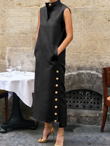 Stand Collar Sleeveless Plain Urban Loose Maxi Dress, Maxi Dresses, color:Black|size:XXL, Stylewe