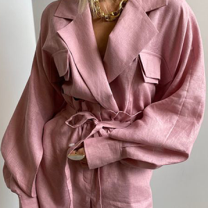 Vacation Plain Loose Lapel Collar Long Sleeve Lapel Collar Linen Jacket, Jackets, color:Pink|size:XXL, Stylewe