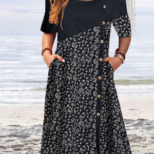 Crew Neck Cotton-Blend Dress, Midi Dresses, Roselinlin - Online Catalog