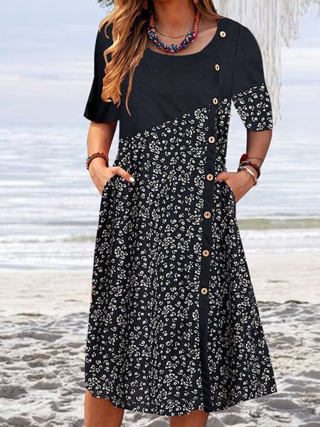 Crew Neck Cotton-Blend Dress, Midi Dresses, Roselinlin - Online Catalog