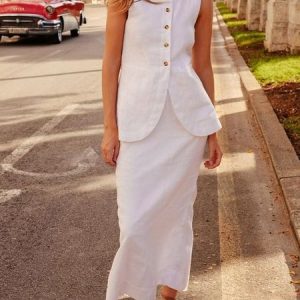 Summer Elegant Outfits Casual Plain Suits Buttoned Down Sleeveless Blouse and Skirt Two-Piece Sets, Suits, Roselinlin - Online Catalog