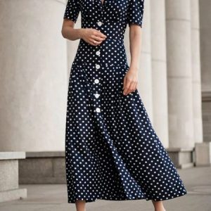 Elegant Regular Fit V Neck Buttoned Polka Dots Dress, Maxi Dresses, color:Black|size:XL, Stylewe