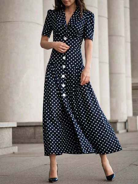Elegant Regular Fit V Neck Buttoned Polka Dots Dress, Maxi Dresses, color:Black|size:XL, Stylewe