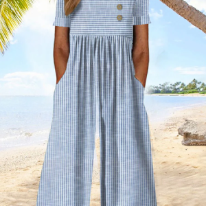 Women Short Sleeve Asymmetrical Loose Ankle Pants Buckle Daily Vacation Striped Natural Jumpsuit, Jumpsuits&Rompers, color:Blue|size:XXL, catalog Noracora shop