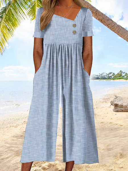 Women's H-Line Asymmetrical Daily Going Out Vacation Buckle Striped Summer Ankle Pants Jumpsuit, JustFashionNow Jumpsuits&Rompers, color:Blue|size:XXL,
