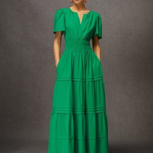 Daily Linen V-neck Smocked Waist Maxi Dress with Pocket, Maxi Dresses, color:Green|size:XXL, Stylewe