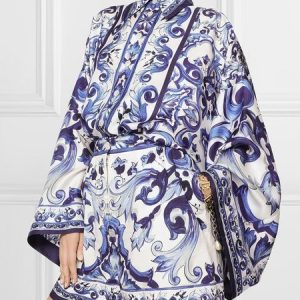 Random Print Loose Urban Long Sleeeve Blouse, Blouses and Shirts, color:Blue|size:XXL, Stylewe