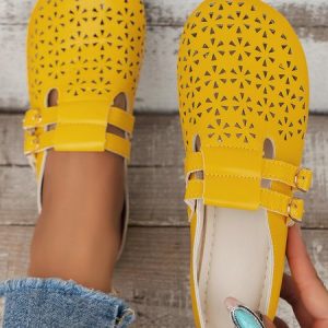 Casual Plain Adjustable Buckle Flat Heel Shallow Shoes, Women shoes, color:Yellow|size:43, catalog Noracora shop