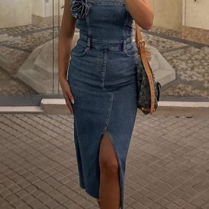 Plain Urban Regular Fit Spaghetti Denim Dress, Maxi Dresses, color:As Picture|size:XXL, Stylewe
