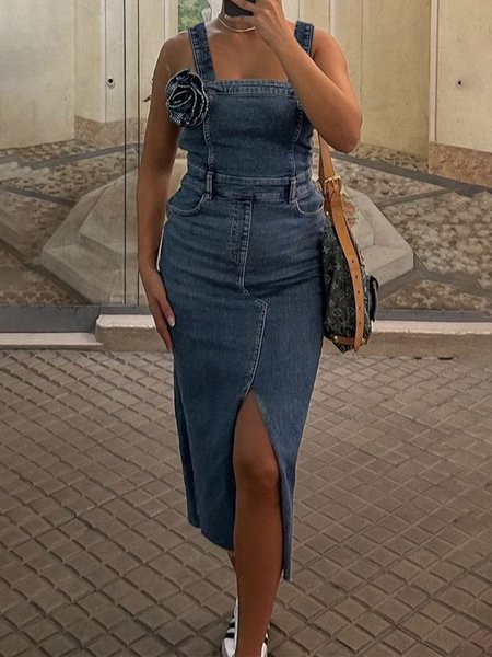 Plain Urban Regular Fit Spaghetti Denim Dress, Maxi Dresses, color:As Picture|size:XXL, Stylewe