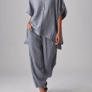 Summer Outfits Casual Gray Linen Suits Comfy Short Sleeve Tunic Top and Pockets Pants Two-Piece Sets, Suits, Roselinlin - Online Catalog