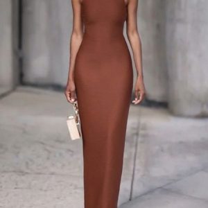 Regular Fit Plain Halter Urban Dress, Maxi Dresses, color:Brown|size:XXL, Stylewe