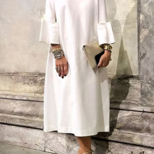Loose Urban Crew Neck Three Quarter Sleeve Three Quarter Sleeve Dress, Midi Dresses, color:White|size:XXL, Stylewe