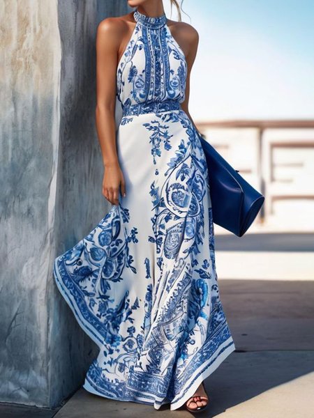 Halter Regular Fit Vacation Long Dress, Maxi Dresses, color:Blue|size:XXL, Stylewe