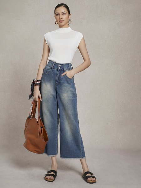 Daily Urban Denim Plain Wide leg Jeans, Jeans, color:Blue|size:XXL, Stylewe