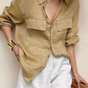 Daily Plain Shirt Collar Casual Loose Linen Blouse, Blouses and Shirts, color:As Picture|size:XL, Stylewe