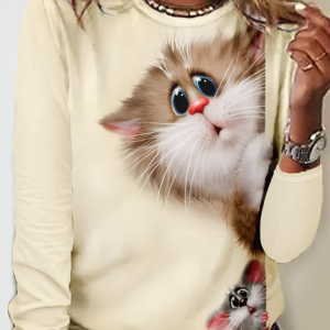 Women's Long Sleeve Blouse Spring/Fall Cat Crew Neck Daily Going Out Casual Top, JustFashionNow Shirts, color:Khaki|size:5XL,
