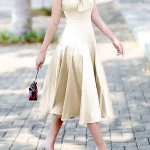Plain Elegant Crew Neck Regular Fit Dress, Midi Dresses, color:Apricot|size:XXL, Stylewe
