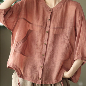 Plain Casual Crew Neck Cotton Blouse, Blouses & Shirts, Roselinlin - Online Catalog