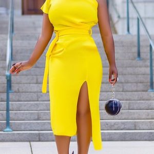 Plain Tight Elegant Asymmetrical Midi Dress With Belt, Midi Dresses, color:Yellow|size:XXL, Stylewe