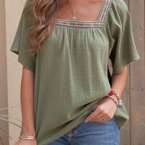 Ethnic Cotton Square Neck Short Sleeve Top, Blouses & Shirts, Roselinlin - Online Catalog